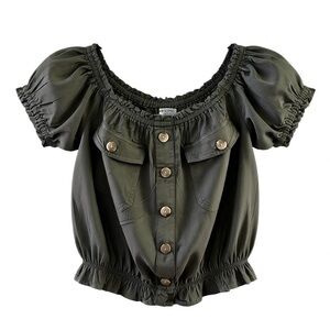 Arizona Jean Co. Womens Olive Green Off-The-Shoulder Rayon Blouse With Puff Slee